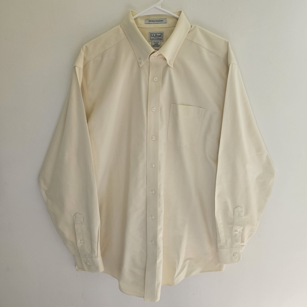Mens LL Bean 100% Cotton Dress Shirt 17/36 XL Light Yellow Collared Long Sleeve